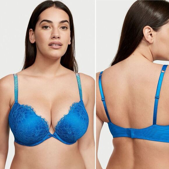 Victoria’s Secret Bombshell Bra Blue Sexy Shine Strap Add Cups Push Up 32C - Picture 1 of 9